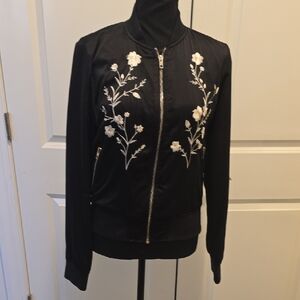 a.n.a Black Bomber Jacket with White Floral Embroidery